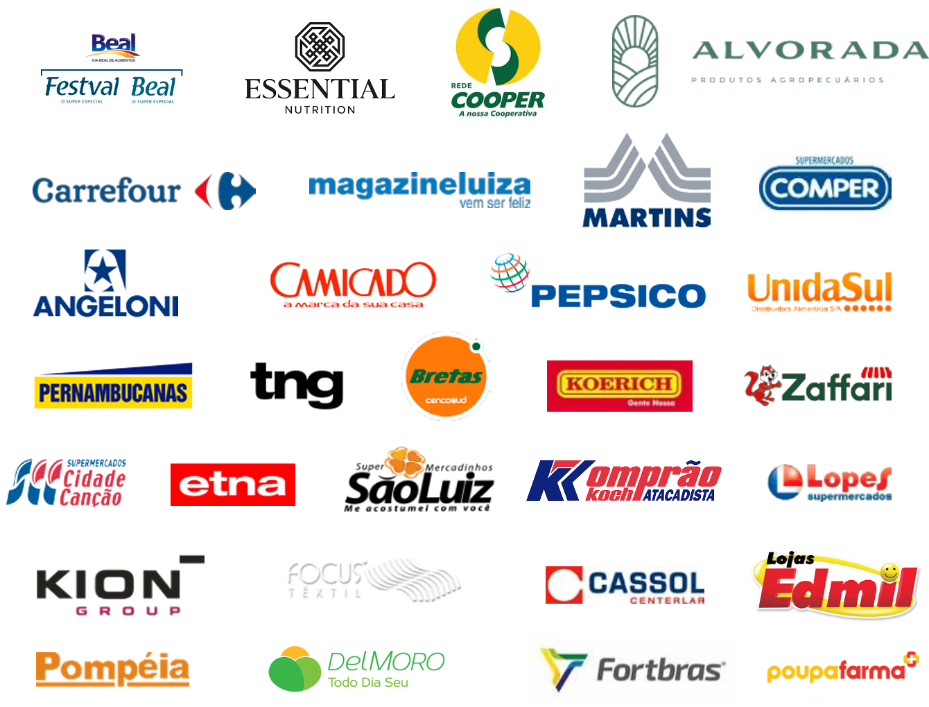 Logos de clientes da WZ Consultoria: Carrefour, Magazine Luiza, Martins, Pepsico, Angeloni, Camicado, Pernambucanas, Bretas, Koerich, Zaffari, Comper, UnidaSul, TNG, Cidade Canção, Etna, São Luiz, Komprão, Lopes, Kion Group, Focus Têxtil, Cassol, Fritz & Frida, Pompéia, Del Moro, Fortbras, Poupafarma, Mundo Verde, Beal, Festval